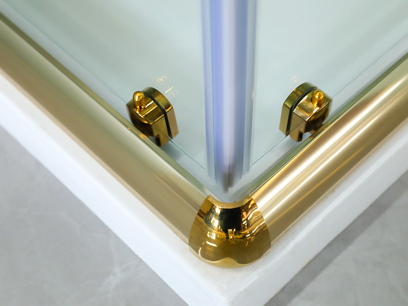 Box de chuveiro deslizante QUADRADO, vidro temperado transparente com impressão, perfil de alumínio dourado, alça com furos duplos, com bandeja Box de chuveiro deslizante QUADRADO, vidro temperado transparente com impressão, perfil de alumínio dourado, alça com furos duplos, com bandeja
