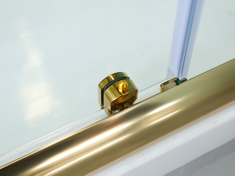 Box de chuveiro deslizante QUADRADO, vidro temperado transparente com impressão, perfil de alumínio dourado, alça com furos duplos, com bandeja Box de chuveiro deslizante QUADRADO, vidro temperado transparente com impressão, perfil de alumínio dourado, alça com furos duplos, com bandeja