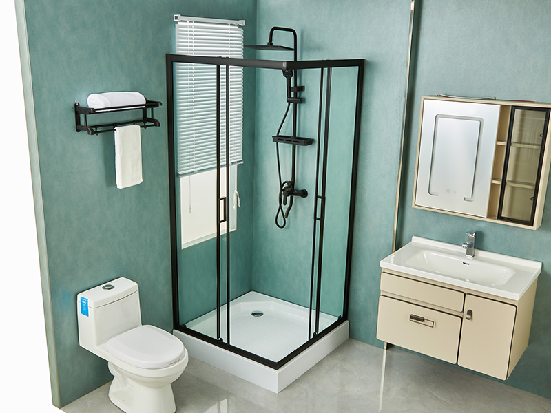 Box de chuveiro deslizante SQ, vidro temperado transparente, perfil de alumínio preto, alça com furos duplos, com bandeja Box de chuveiro deslizante SQ, vidro temperado transparente, perfil de alumínio preto, alça com furos duplos, com bandeja