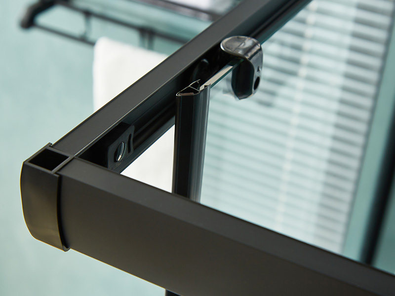 Box de chuveiro deslizante SQ, vidro temperado transparente, perfil de alumínio preto, alça com furos duplos, com bandeja Box de chuveiro deslizante SQ, vidro temperado transparente, perfil de alumínio preto, alça com furos duplos, com bandeja