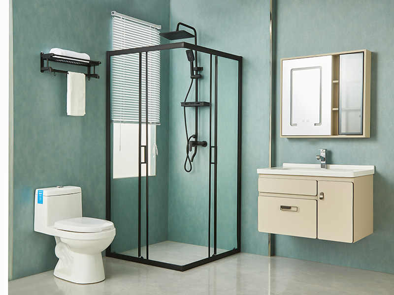 Box de chuveiro deslizante SQ, vidro temperado transparente, perfil de alumínio preto, alça com furos duplos, com bandeja Box de chuveiro deslizante SQ, vidro temperado transparente, perfil de alumínio preto, alça com furos duplos, com bandeja