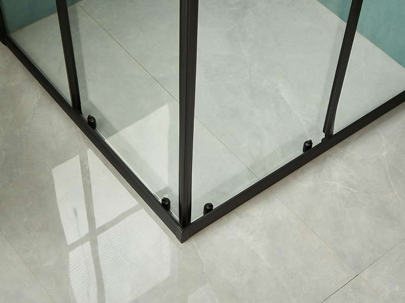 Box de chuveiro deslizante SQ, vidro temperado transparente, perfil de alumínio preto, alça com furos duplos, com bandeja Box de chuveiro deslizante SQ, vidro temperado transparente, perfil de alumínio preto, alça com furos duplos, com bandeja