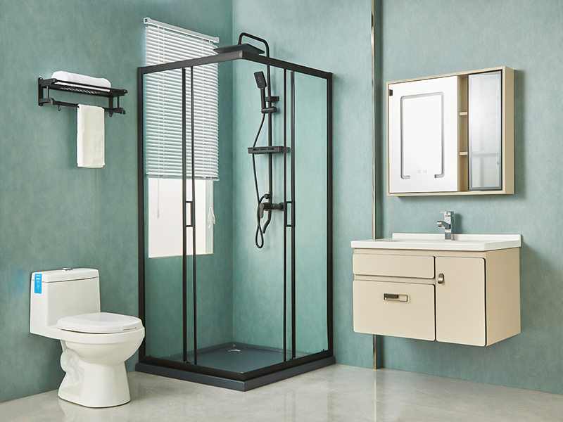 Box de chuveiro deslizante SQ, vidro temperado transparente, perfil de alumínio preto, alça com furos duplos, com bandeja Box de chuveiro deslizante SQ, vidro temperado transparente, perfil de alumínio preto, alça com furos duplos, com bandeja