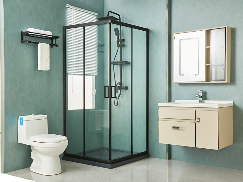 Box de chuveiro deslizante SQ, vidro temperado transparente, perfil de alumínio preto, alça com furos duplos, com bandeja Box de chuveiro deslizante SQ, vidro temperado transparente, perfil de alumínio preto, alça com furos duplos, com bandeja