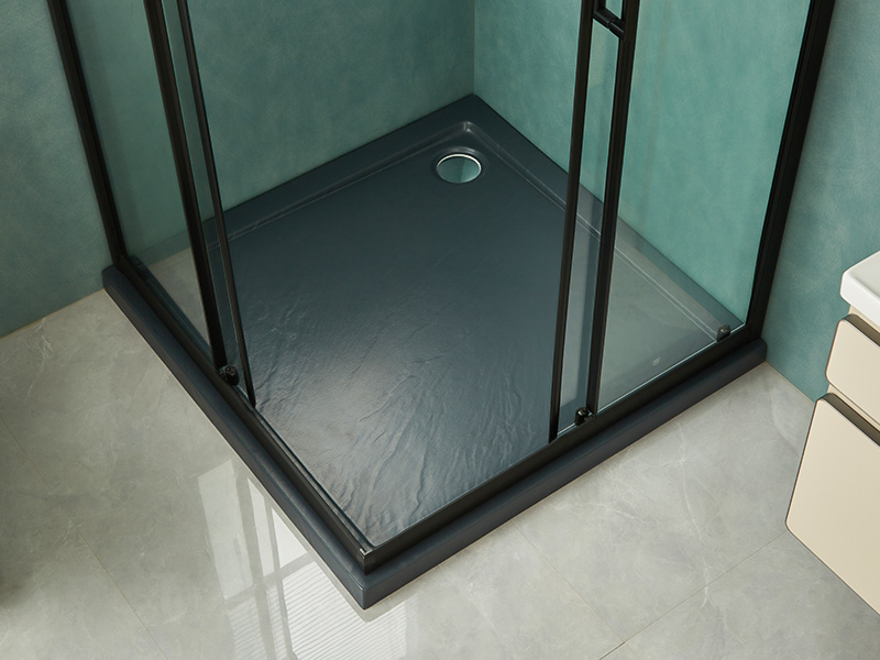 Box de chuveiro deslizante SQ, vidro temperado transparente, perfil de alumínio preto, alça com furos duplos, com bandeja Box de chuveiro deslizante SQ, vidro temperado transparente, perfil de alumínio preto, alça com furos duplos, com bandeja
