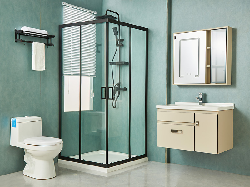 Box de chuveiro deslizante SQ, vidro temperado transparente, perfil de alumínio preto, alça com furos duplos, com bandeja Box de chuveiro deslizante SQ, vidro temperado transparente, perfil de alumínio preto, alça com furos duplos, com bandeja