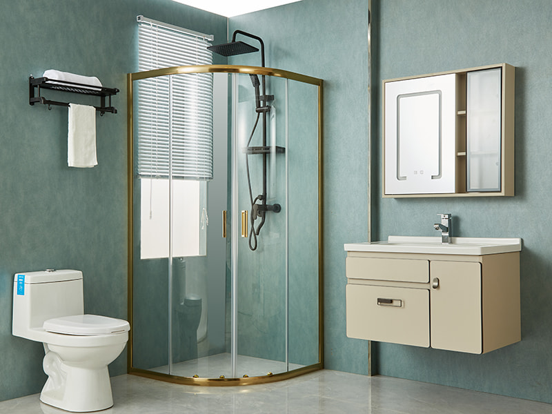 Gabinete de chuveiro deslizante SE, vidro temperado transparente, perfil de alumínio dourado, alça com furos duplos, sem bandeja Gabinete de chuveiro deslizante SE, vidro temperado transparente, perfil de alumínio dourado, alça com furos duplos, sem bandeja