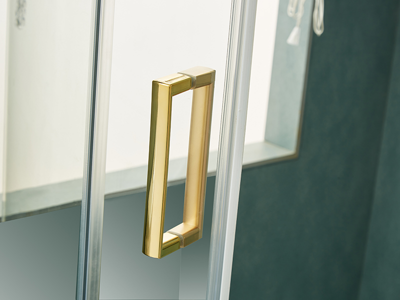 Gabinete de chuveiro deslizante SE, vidro temperado transparente, perfil de alumínio dourado, alça com furos duplos, sem bandeja Gabinete de chuveiro deslizante SE, vidro temperado transparente, perfil de alumínio dourado, alça com furos duplos, sem bandeja