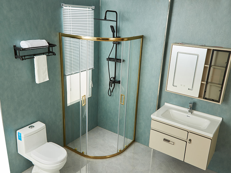 Gabinete de chuveiro deslizante SE, vidro temperado transparente, perfil de alumínio dourado, alça com furos duplos, sem bandeja Gabinete de chuveiro deslizante SE, vidro temperado transparente, perfil de alumínio dourado, alça com furos duplos, sem bandeja