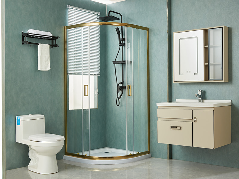 Gabinete de chuveiro deslizante SE, vidro temperado transparente, perfil de alumínio dourado, alça com furos duplos, sem bandeja Gabinete de chuveiro deslizante SE, vidro temperado transparente, perfil de alumínio dourado, alça com furos duplos, sem bandeja