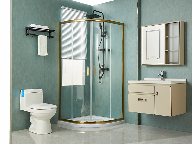 Gabinete de chuveiro deslizante SE, vidro temperado transparente, perfil de alumínio dourado, alça com furos duplos, sem bandeja Gabinete de chuveiro deslizante SE, vidro temperado transparente, perfil de alumínio dourado, alça com furos duplos, sem bandeja